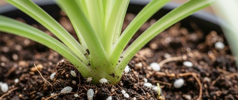 観葉植物の土に白い虫が発生した様子