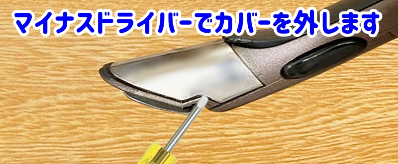 マイナスドライバーで銀色のカバーを外す様子