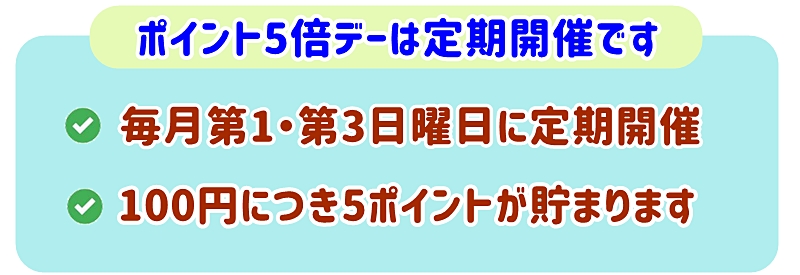 ポイント5倍デー（定期開催）毎月第1・第3日曜日に定期開催されています