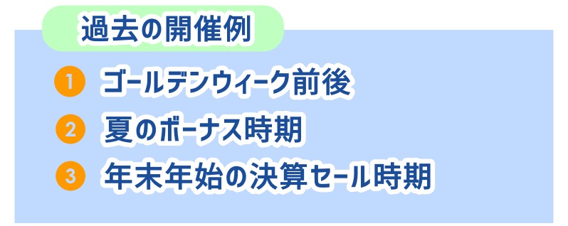 過去の開催例は、ゴールデンウィーク前後、夏のボーナス時期、年末年始の決算セール時期