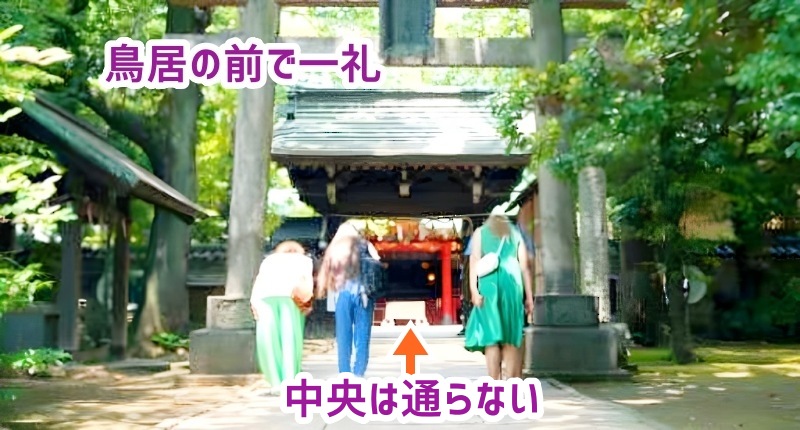鳥居の前で一礼する人