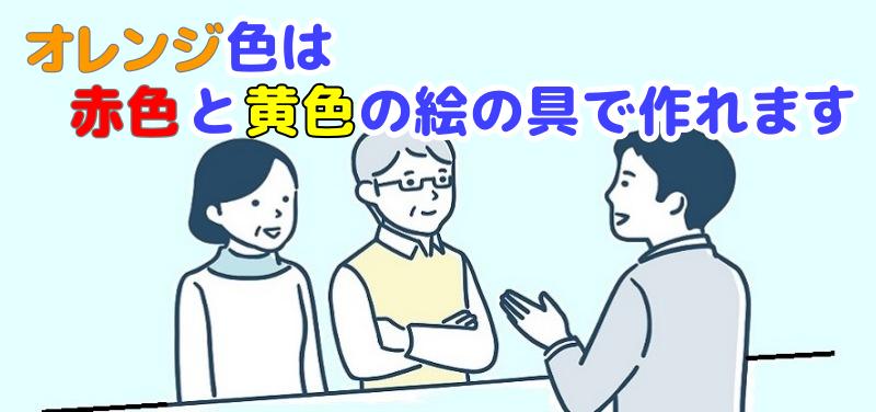 オレンジ色は赤色と黄色の絵の具を混ぜることで作れますと説明する専門家