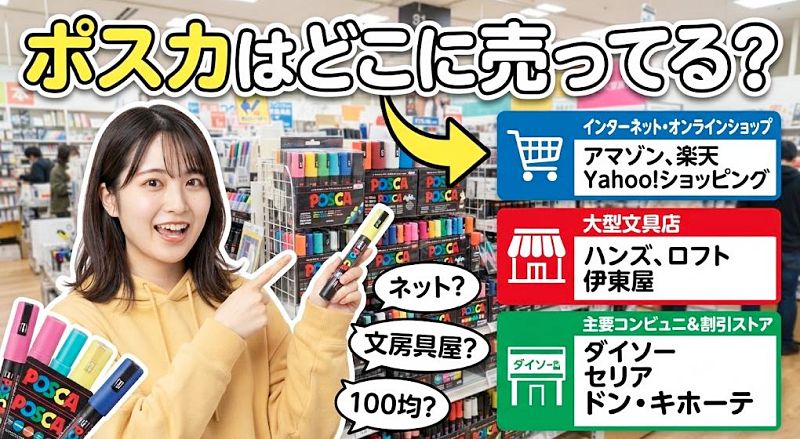 「ポスカはどこに売ってる?」の見出しと、POSCAペンを指さす笑顔の女性、ネット・文房具店・100均の購入先をまとめたサムネイル画像