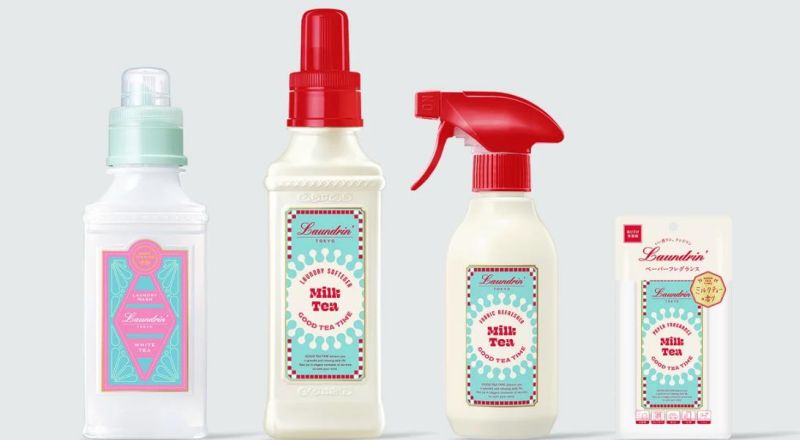 ランドリンの「GOOD TEA TIME」シリーズ4製品(ホワイトティーの洗濯洗剤、ミルクティーの柔軟剤・ファブリックミスト・ペーパーフレグランス)が、薄いグレー背景に左から右へ1列で並んでいる商品写真。