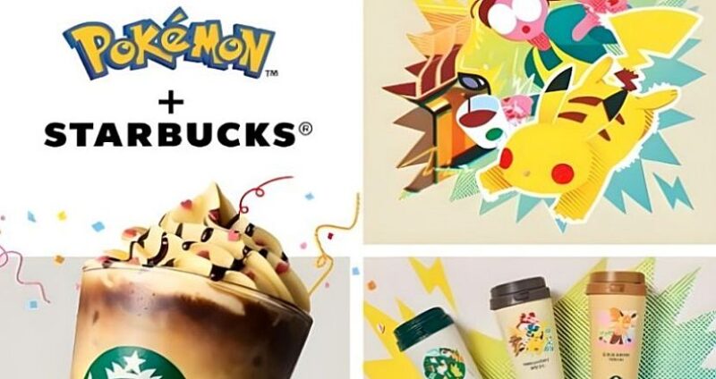 『Pokémon™ + STARBUCKS®』のコラボ告知画像で、ホイップとチョコシロップを添えた冷たいブレンドドリンク、3種のタンブラー、Pikachuのイラストを紹介するプロモーションバナー。
